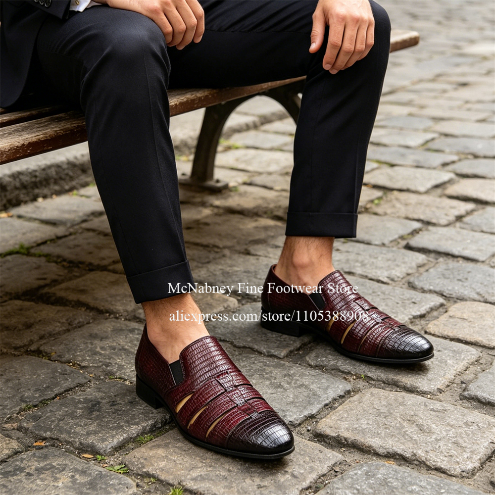 Men Formal Wear Wedding - Breathable Cutout Burgundy Black Lizard Leather