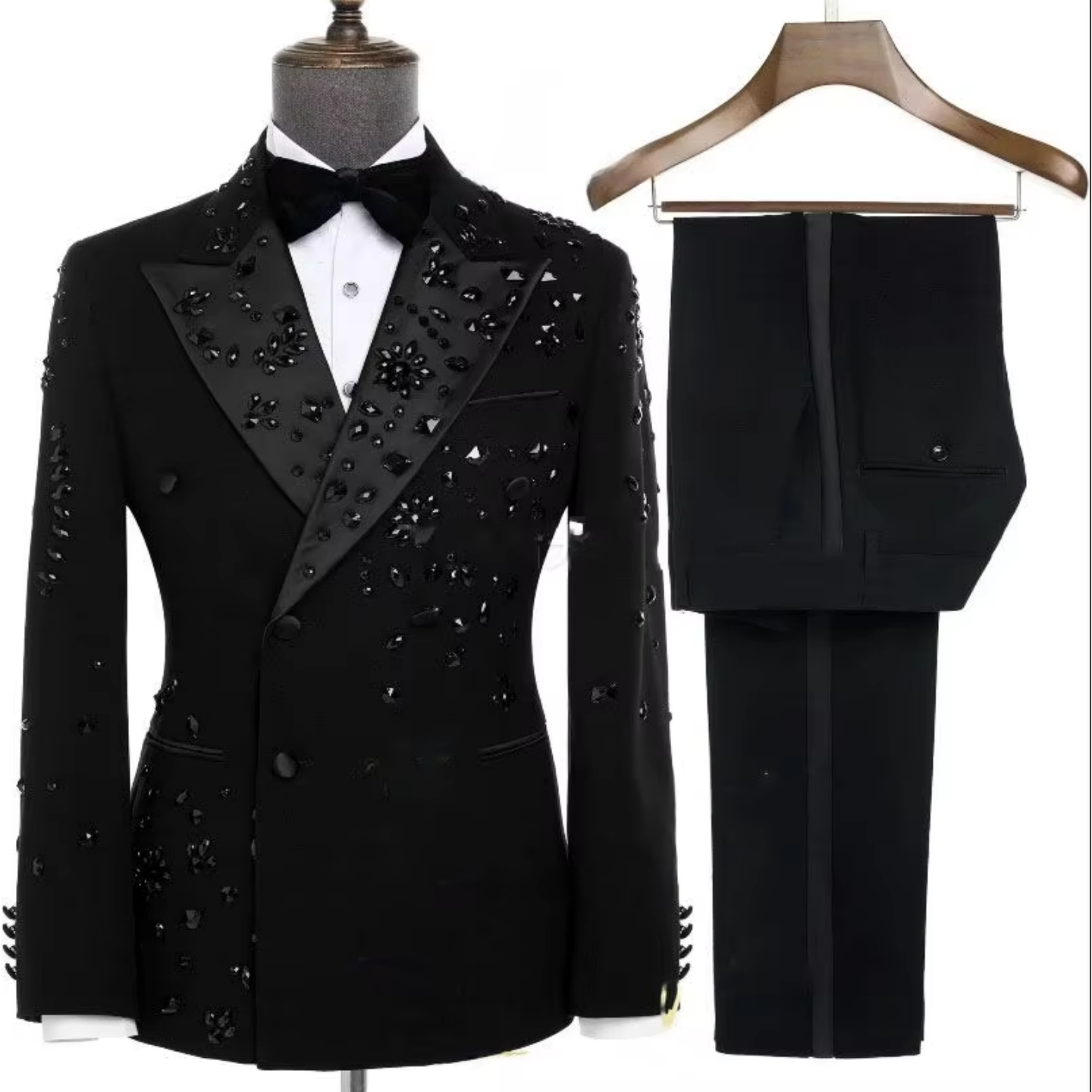 Men Formal Wear Wedding - Luxury Black Beaded Men's Double Breasted
